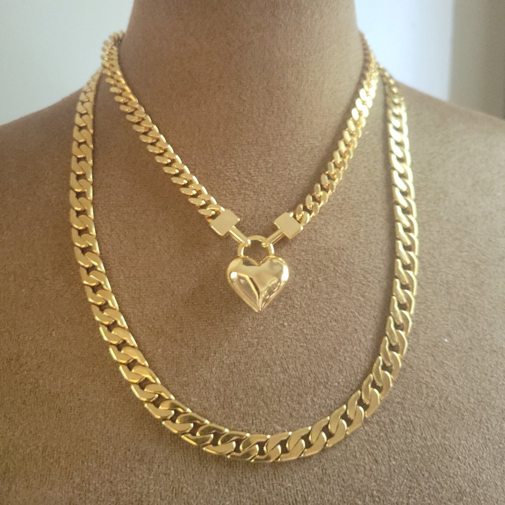 Gold Layered Curb Chain Heart Pendant Necklace Set His Her 18/22" Streetwear